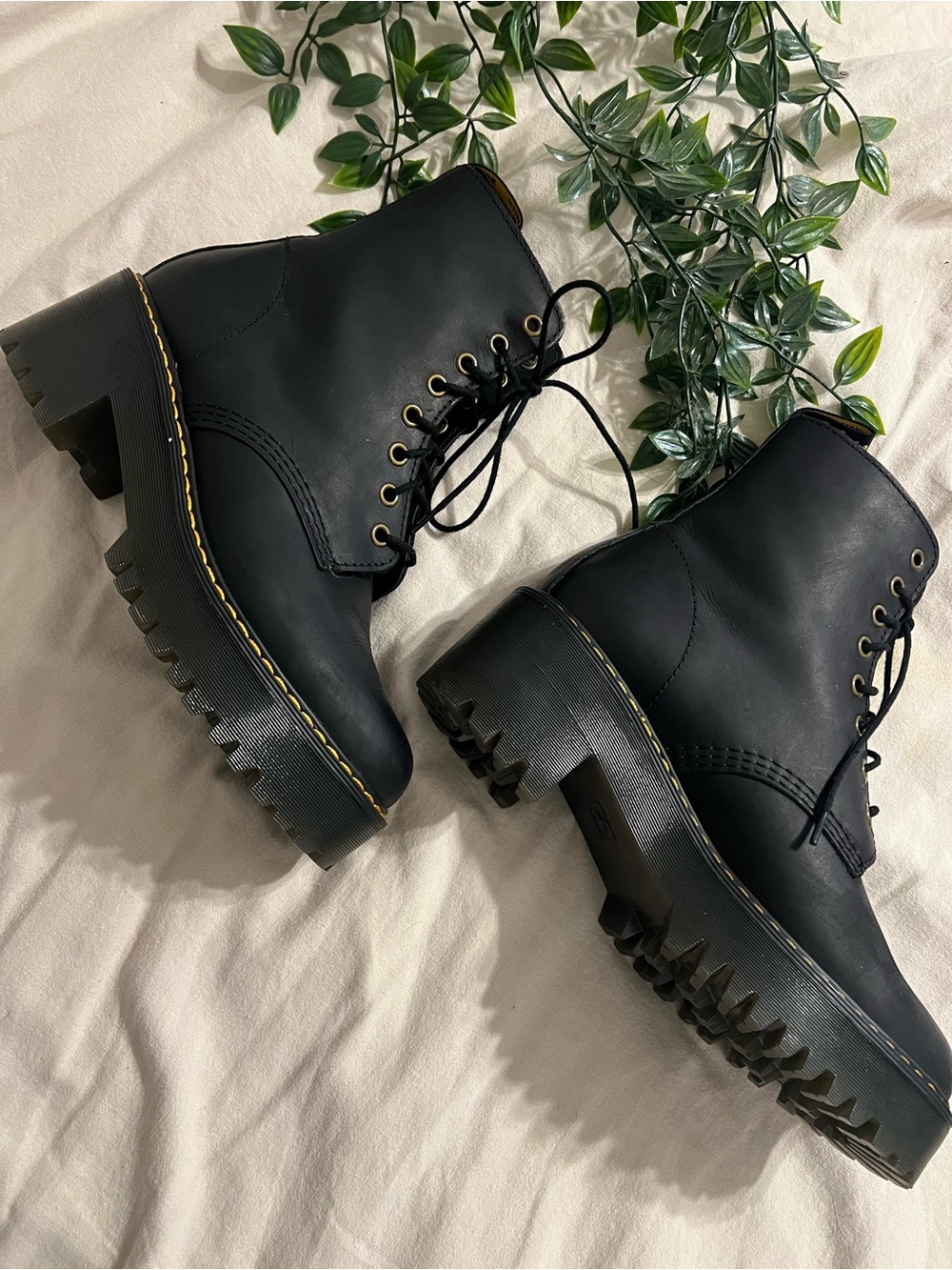 Dr. Martens Black Lug Platform Lace-Up Boots with Yellow Stitching